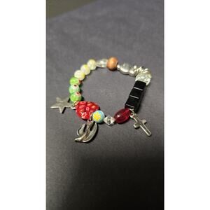 Multicolor Glass Beaded Charm Bracelet Womens Stretch Heart Cross Boho Jewelry